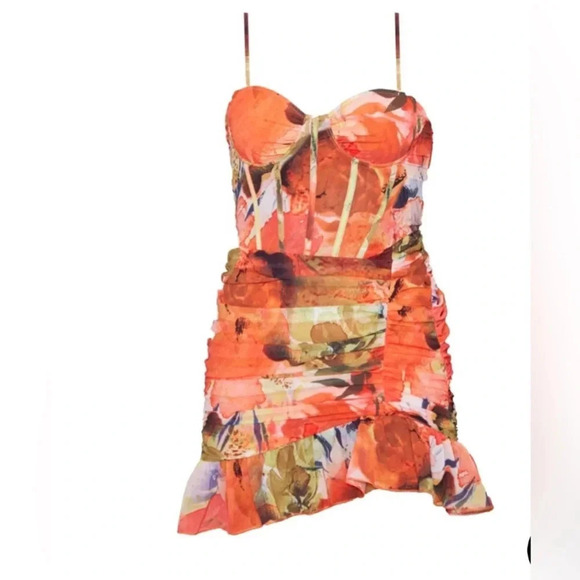 Prettylittlething Orange floral print frill hem bodycon dress - Picture 3 of 11